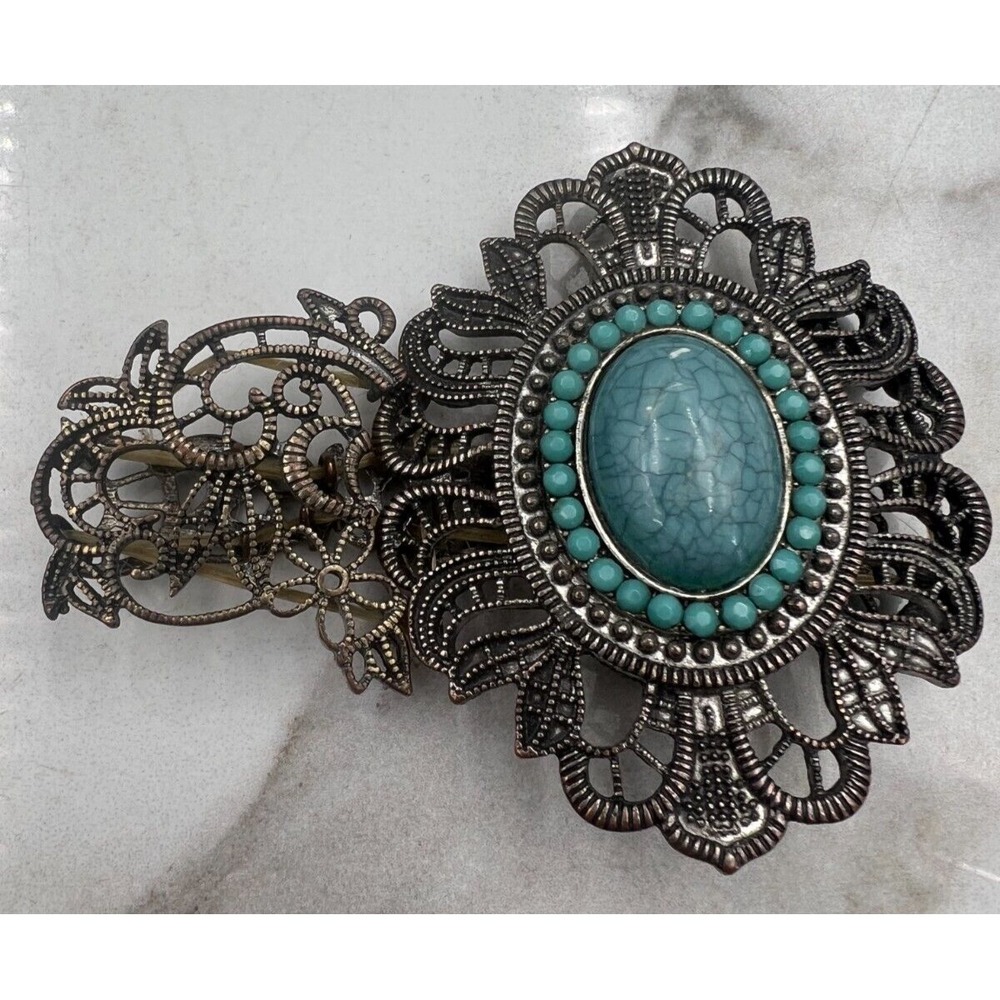 VTG Faux Turquoise Artisan Silver Tone Filigree Bracelet Filigree Stretch Cuff